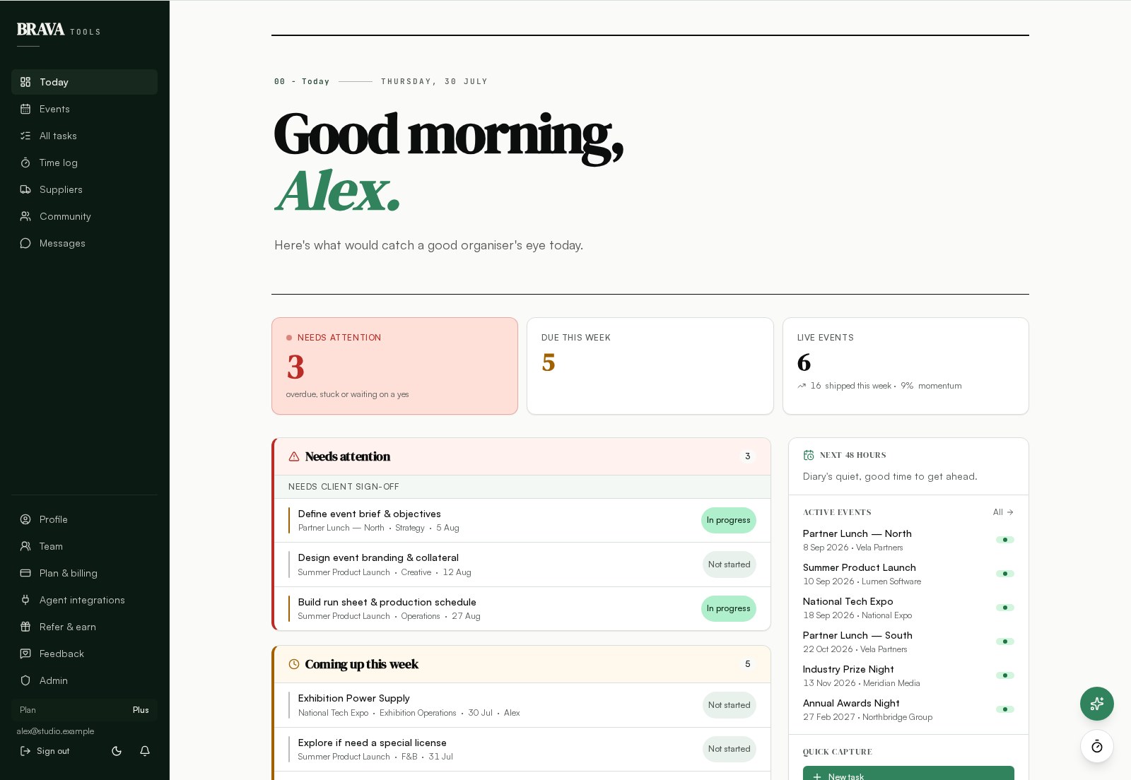 BRAVA Tools, Today screen showing Start the day with what actually matters.