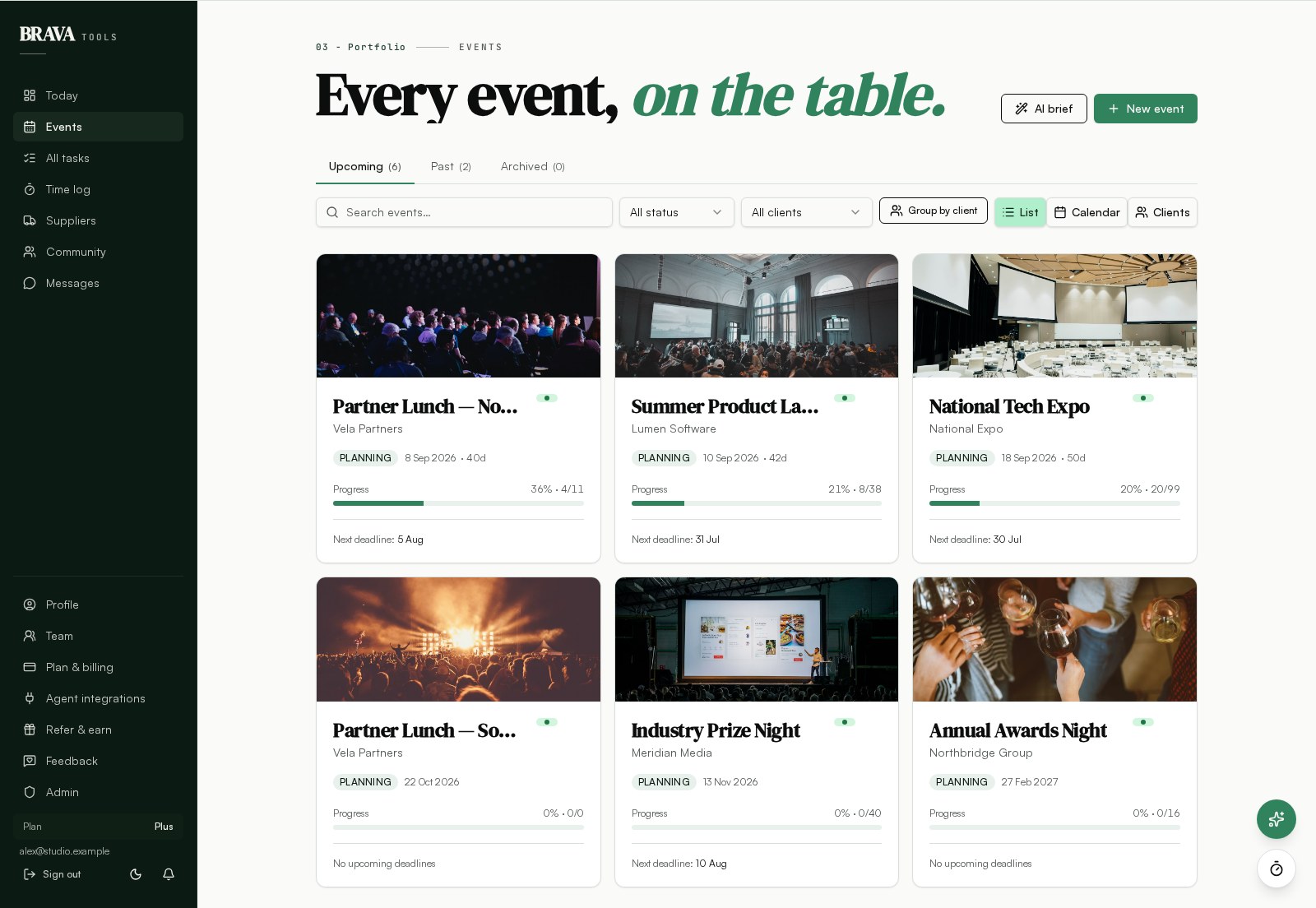 BRAVA Tools, Events screen showing Every event, every status, one view.
